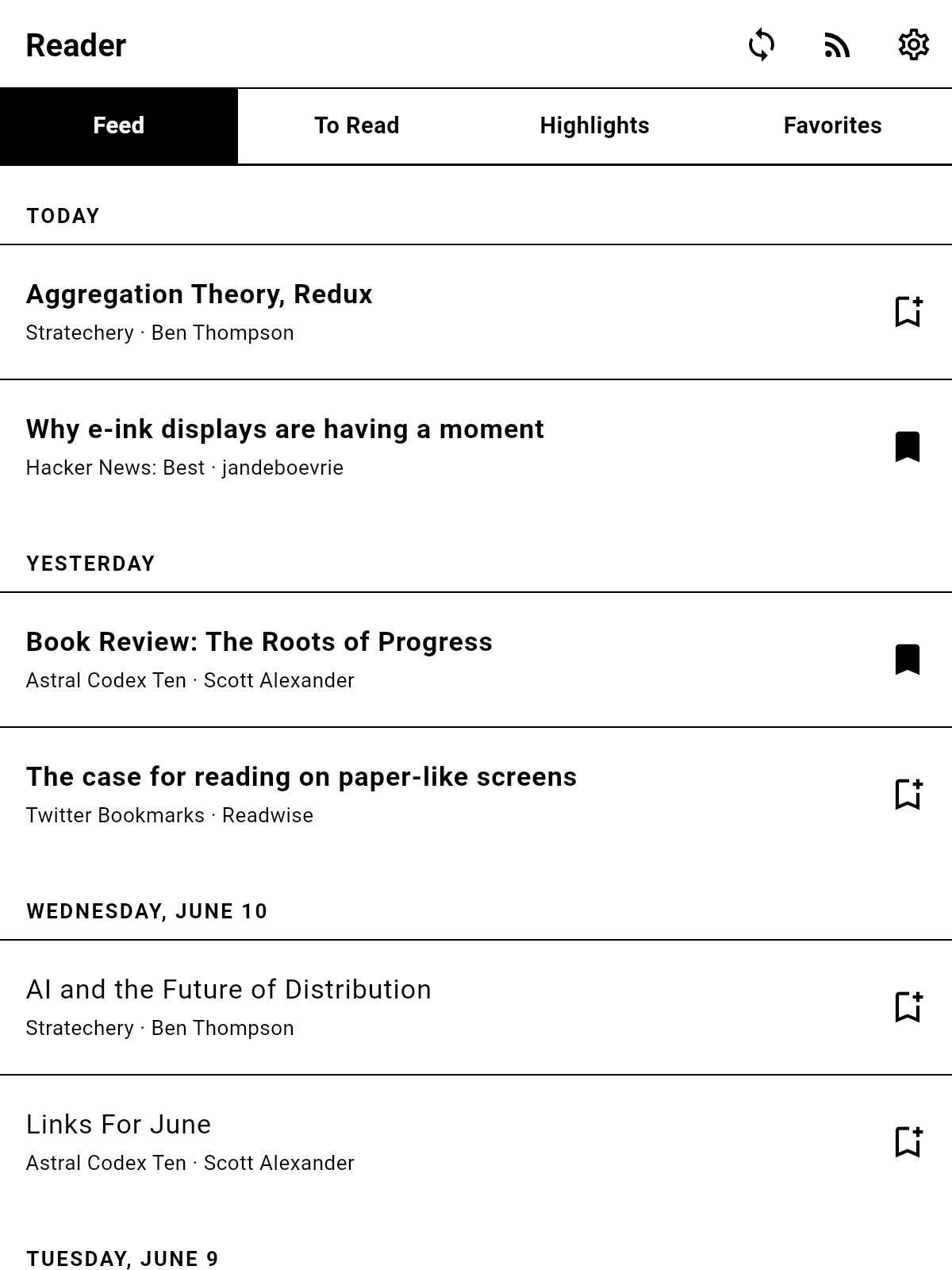 einkreader home screen on a tablet: a date-grouped feed of articles across sources